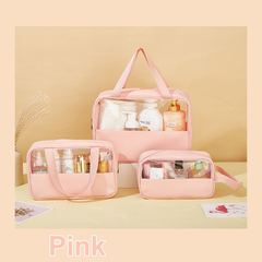 3-in-1 Transparent Waterproof Toiletry Bag Set – Pink & White Travel Makeup Organizer (Small/Medium/Large), Foldable Cosmetic Storage for Gym, Beach, Swimming & Daily Use | RMB3in1