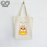 Adorable Hungry Cat Waiting for Food - VOREX Cartoon Canvas Tote Bag, Cute Animated Pet Lover Gift (Beige & Black)