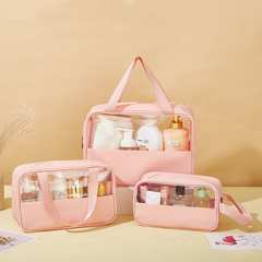 3-in-1 Transparent Waterproof Toiletry Bag Set – Pink & White Travel Makeup Organizer (Small/Medium/Large), Foldable Cosmetic Storage for Gym, Beach, Swimming & Daily Use | RMB3in1