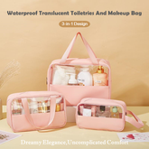 3-in-1 Transparent Waterproof Toiletry Bag Set – Pink & White Travel Makeup Organizer (Small/Medium/Large), Foldable Cosmetic Storage for Gym, Beach, Swimming & Daily Use | RMB3in1