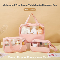 3-in-1 Transparent Waterproof Toiletry Bag Set – Pink & White Travel Makeup Organizer (Small/Medium/Large), Foldable Cosmetic Storage for Gym, Beach, Swimming & Daily Use | RMB3in1