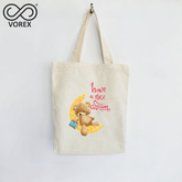 "Moonlight Dreams" Bear Sleeping on Crescent Pillow - VOREX 12oz Canvas Tote Bag - Lightweight & Comfortable for Everyday Use (Beige & Black)