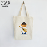 Rockstar Bear with Guitar Cartoon - VOREX Music Lover Canvas Tote Bag, Cute Animated Band Design (Beige & Black)