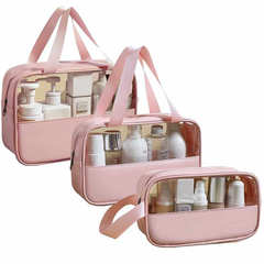 3-in-1 Transparent Waterproof Toiletry Bag Set – Pink & White Travel Makeup Organizer (Small/Medium/Large), Foldable Cosmetic Storage for Gym, Beach, Swimming & Daily Use | RMB3in1