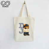 DJ Bear on Turntables Cartoon Print - VOREX Cool Animated Tote Bag, EDM Party Gift for Music Fans (Beige & Black)