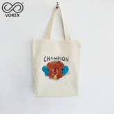 Boxing Champion Bear with Gloves - VOREX Sporty Cartoon Canvas Tote, Motivational Gym & Training Bag (Beige & Black)