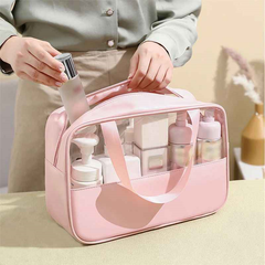 3-in-1 Transparent Waterproof Toiletry Bag Set – Pink & White Travel Makeup Organizer (Small/Medium/Large), Foldable Cosmetic Storage for Gym, Beach, Swimming & Daily Use | RMB3in1