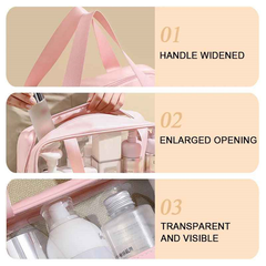 3-in-1 Transparent Waterproof Toiletry Bag Set – Pink & White Travel Makeup Organizer (Small/Medium/Large), Foldable Cosmetic Storage for Gym, Beach, Swimming & Daily Use | RMB3in1