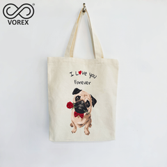 Romantic Puppy with Rose "I Love You" - VOREX Cute Animated Dog Canvas Tote Bag, Unique Gift for Couples & Pet Lovers (Beige & Black)