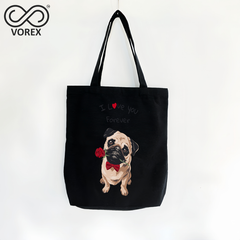 Romantic Puppy with Rose "I Love You" - VOREX Cute Animated Dog Canvas Tote Bag, Unique Gift for Couples & Pet Lovers (Beige & Black)