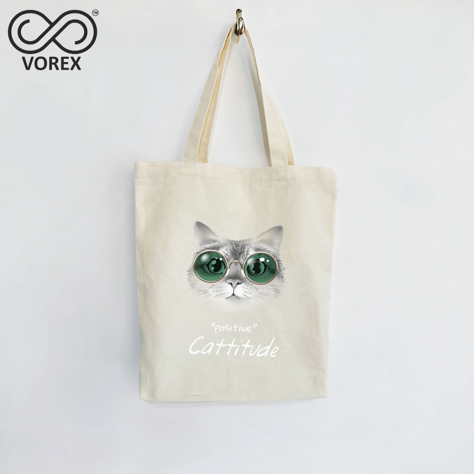 Cool Cat with Attitude Cartoon Tote - VOREX Edgy Animated Design Canvas Bag, Stylish & Lightweight (Beige & Black)