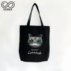 Cool Cat with Attitude Cartoon Tote - VOREX Edgy Animated Design Canvas Bag, Stylish & Lightweight (Beige & Black)