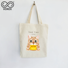 Adorable Hungry Cat Waiting for Food - VOREX Cartoon Canvas Tote Bag, Cute Animated Pet Lover Gift (Beige & Black)