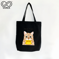 Adorable Hungry Cat Waiting for Food - VOREX Cartoon Canvas Tote Bag, Cute Animated Pet Lover Gift (Beige & Black)