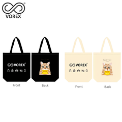 Adorable Hungry Cat Waiting for Food - VOREX Cartoon Canvas Tote Bag, Cute Animated Pet Lover Gift (Beige & Black)