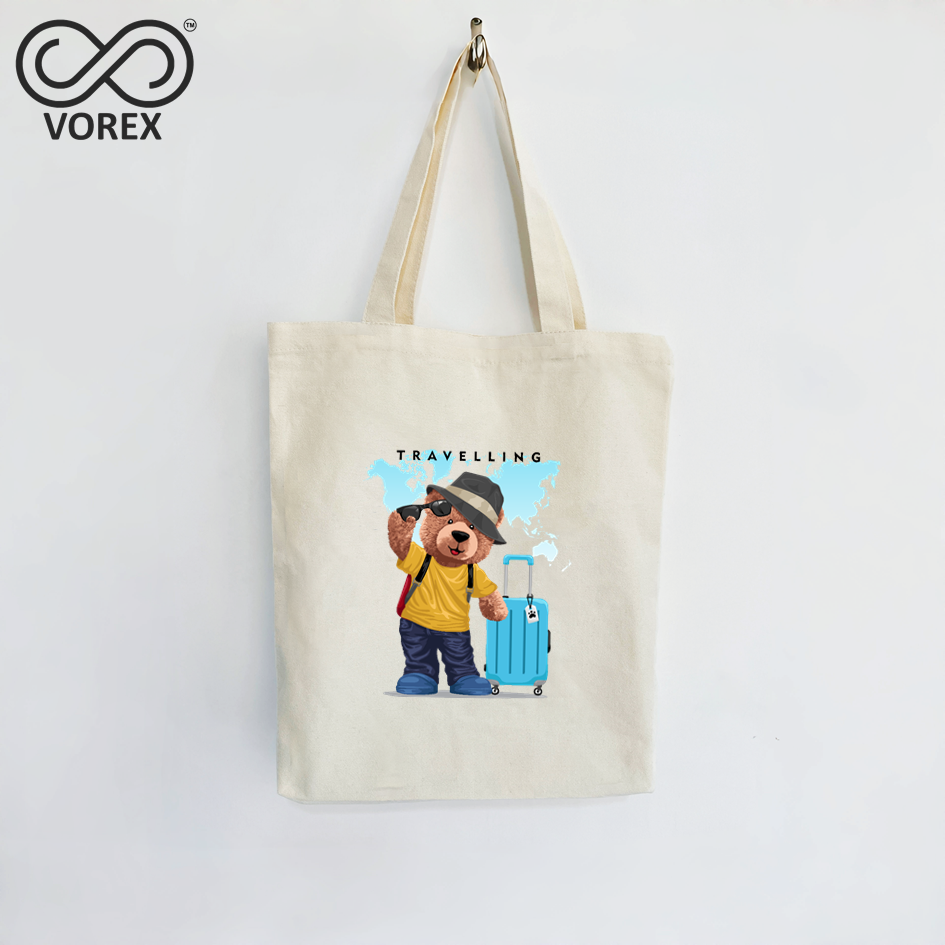 VOREX Cute Adventure Bear Cartoon Canvas Tote Bag - Traveling Teddy Design, Lightweight & Durable for Everyday Carry - Perfect for Pet & Nature Lovers (Beige/Black)
