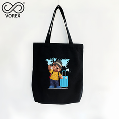 VOREX Cute Adventure Bear Cartoon Canvas Tote Bag - Traveling Teddy Design, Lightweight & Durable for Everyday Carry - Perfect for Pet & Nature Lovers (Beige/Black)