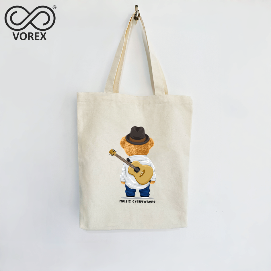 Rockstar Bear with Guitar Cartoon - VOREX Music Lover Canvas Tote Bag, Cute Animated Band Design (Beige & Black)