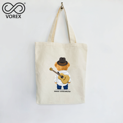 Rockstar Bear with Guitar Cartoon - VOREX Music Lover Canvas Tote Bag, Cute Animated Band Design (Beige & Black)