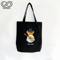 Rockstar Bear with Guitar Cartoon - VOREX Music Lover Canvas Tote Bag, Cute Animated Band Design (Beige & Black)