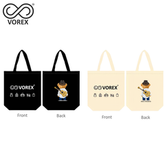 Rockstar Bear with Guitar Cartoon - VOREX Music Lover Canvas Tote Bag, Cute Animated Band Design (Beige & Black)