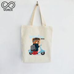 "Scooter Mania" Bear Riding Kick Scooter - VOREX Cartoon Canvas Tote Bag, Urban Commute & Kids Fun Gift  (Beige & Black)