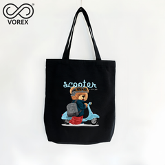 "Scooter Mania" Bear Riding Kick Scooter - VOREX Cartoon Canvas Tote Bag, Urban Commute & Kids Fun Gift  (Beige & Black)