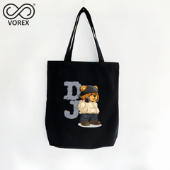 DJ Bear on Turntables Cartoon Print - VOREX Cool Animated Tote Bag, EDM Party Gift for Music Fans (Beige & Black)