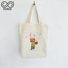 Birthday Bear Cartoon - VOREX Cute Gift Tote Bag, Animated Design for Party & Celebrations (Beige & Black)