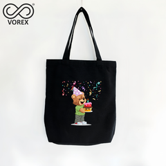 Birthday Bear Cartoon - VOREX Cute Gift Tote Bag, Animated Design for Party & Celebrations (Beige & Black)
