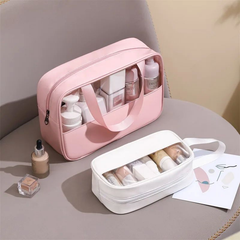 3-in-1 Transparent Waterproof Toiletry Bag Set – Pink & White Travel Makeup Organizer (Small/Medium/Large), Foldable Cosmetic Storage for Gym, Beach, Swimming & Daily Use | RMB3in1