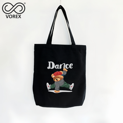 VOREX Playful Dancing Bear Band Tote - Cute Animated Music Desigh Canvas Bag for Fun Lovers (Beige & Black)