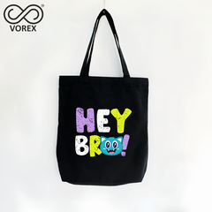 "Hey Bro!" Funny Letters Cartoon Tote - VOREX Trendy Canvas Bag, Cute Slang Design for Teens & Friends (Beige & Black)