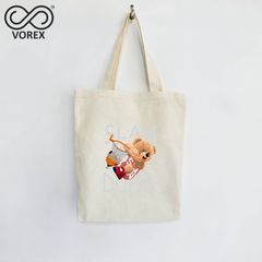 Funny Cartoon Bear Basketball Design - VOREX Canvas Tote Bag,Lightweight Sports Gift for Fans (Beige/Black)