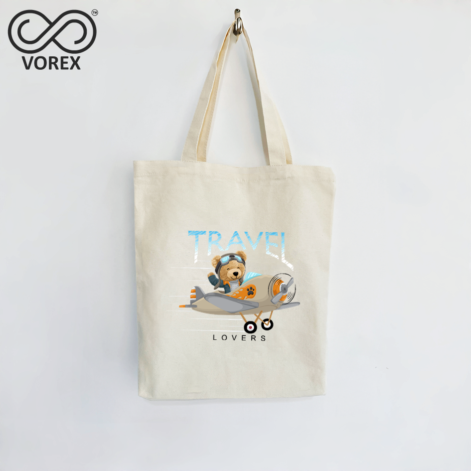 Travel Bear Flying in Airplane - VOREX Adventure Cartoon Tote Bag, Cute Animated Design for Globetrotters (Beige & Black)