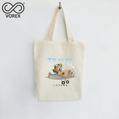 Travel Bear Flying in Airplane - VOREX Adventure Cartoon Tote Bag, Cute Animated Design for Globetrotters (Beige & Black)