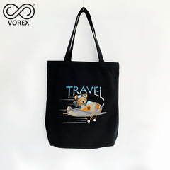 Travel Bear Flying in Airplane - VOREX Adventure Cartoon Tote Bag, Cute Animated Design for Globetrotters (Beige & Black)
