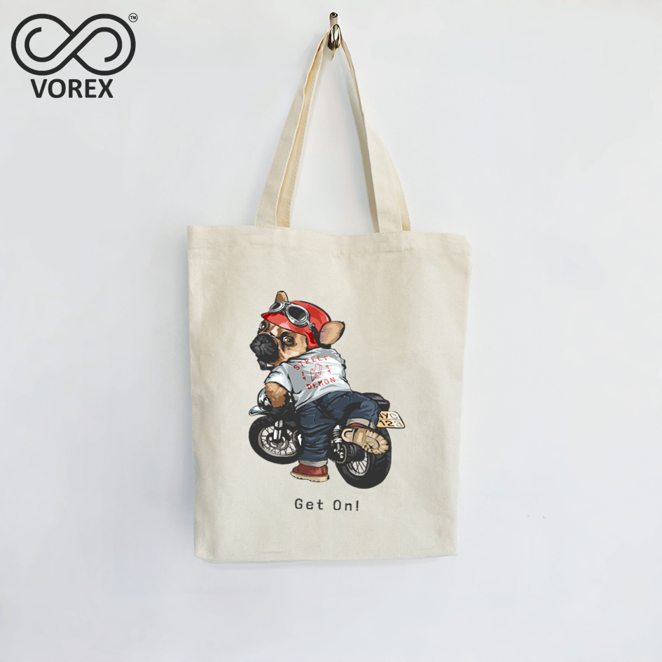 Cool Cartoon Dog Riding Motorcycle - VOREX Canvas Tote Bag, Awesome Puppy Biker Design (Beige & Black)