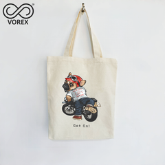 Cool Cartoon Dog Riding Motorcycle - VOREX Canvas Tote Bag, Awesome Puppy Biker Design (Beige & Black)