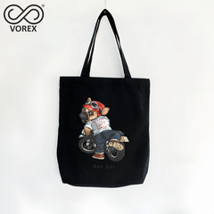 Cool Cartoon Dog Riding Motorcycle - VOREX Canvas Tote Bag, Awesome Puppy Biker Design (Beige & Black)