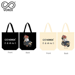 Cool Cartoon Dog Riding Motorcycle - VOREX Canvas Tote Bag, Awesome Puppy Biker Design (Beige & Black)