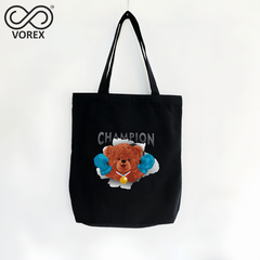 Boxing Champion Bear with Gloves - VOREX Sporty Cartoon Canvas Tote, Motivational Gym & Training Bag (Beige & Black)
