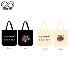 Boxing Champion Bear with Gloves - VOREX Sporty Cartoon Canvas Tote, Motivational Gym & Training Bag (Beige & Black)