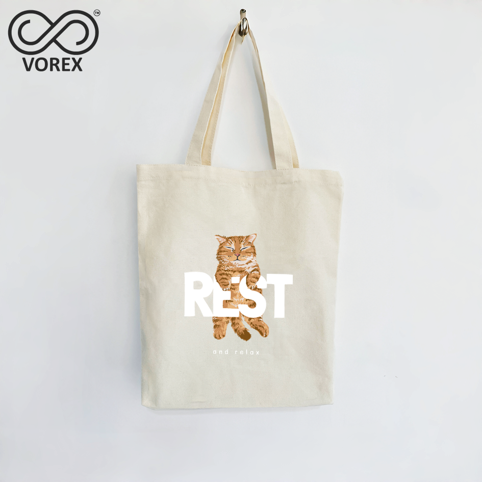 VOREX Cute Sleeping Kitten Animated Canvas Tote - Lightweight Pet Gift, Comfy Everyday Shopper (Beige & Black)