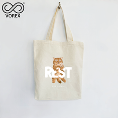 VOREX Cute Sleeping Kitten Animated Canvas Tote - Lightweight Pet Gift, Comfy Everyday Shopper (Beige & Black)