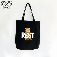 VOREX Cute Sleeping Kitten Animated Canvas Tote - Lightweight Pet Gift, Comfy Everyday Shopper (Beige & Black)