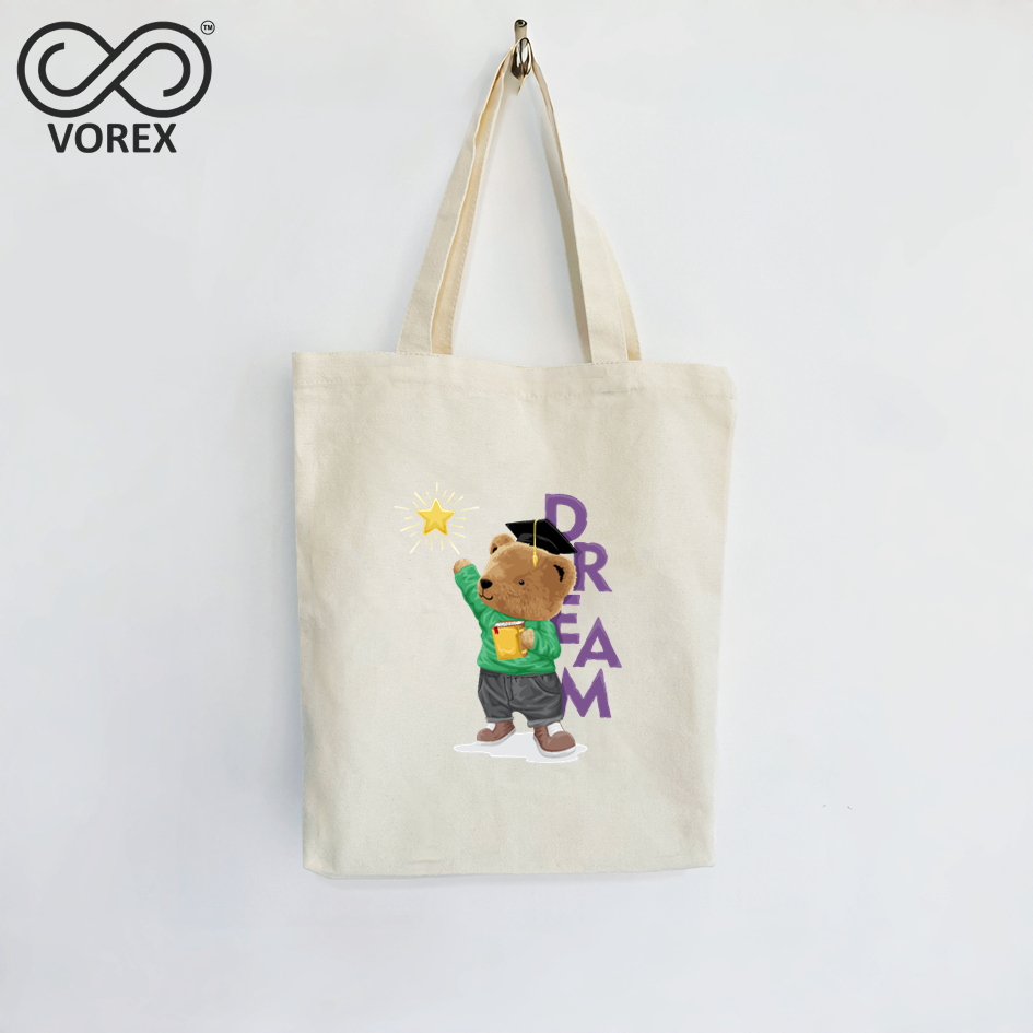 Dream Chaser Bear with Star - VOREX Inspirational Cartoon Tote Bag, Cute Animated Design for Goal Setters (Beige & Black)