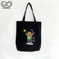 Dream Chaser Bear with Star - VOREX Inspirational Cartoon Tote Bag, Cute Animated Design for Goal Setters (Beige & Black)