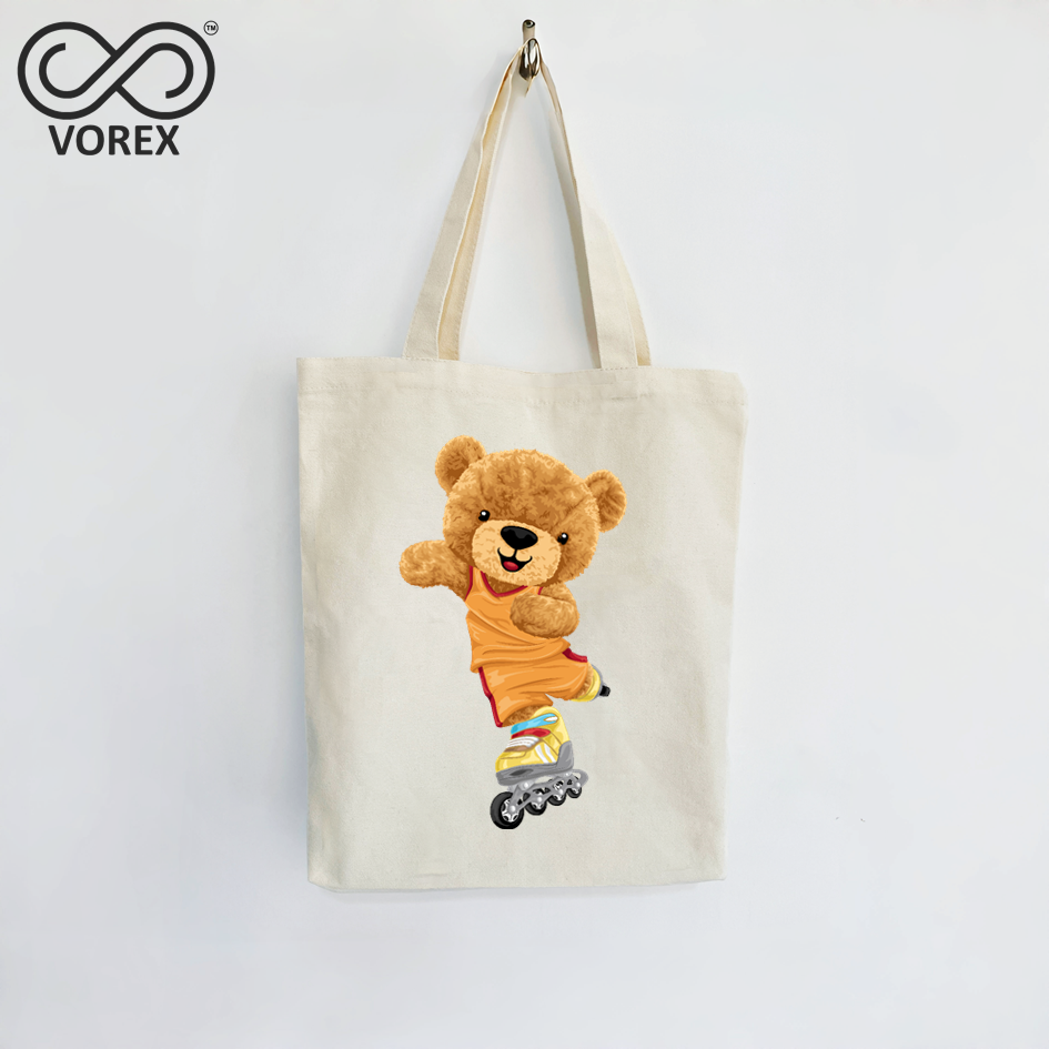 Roller Skating Happy Bear Cartoon - VOREX Fun Animated Canvas Tote, Lightweight for Sports & Outdoors (Beige & Black)