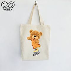 Roller Skating Happy Bear Cartoon - VOREX Fun Animated Canvas Tote, Lightweight for Sports & Outdoors (Beige & Black)